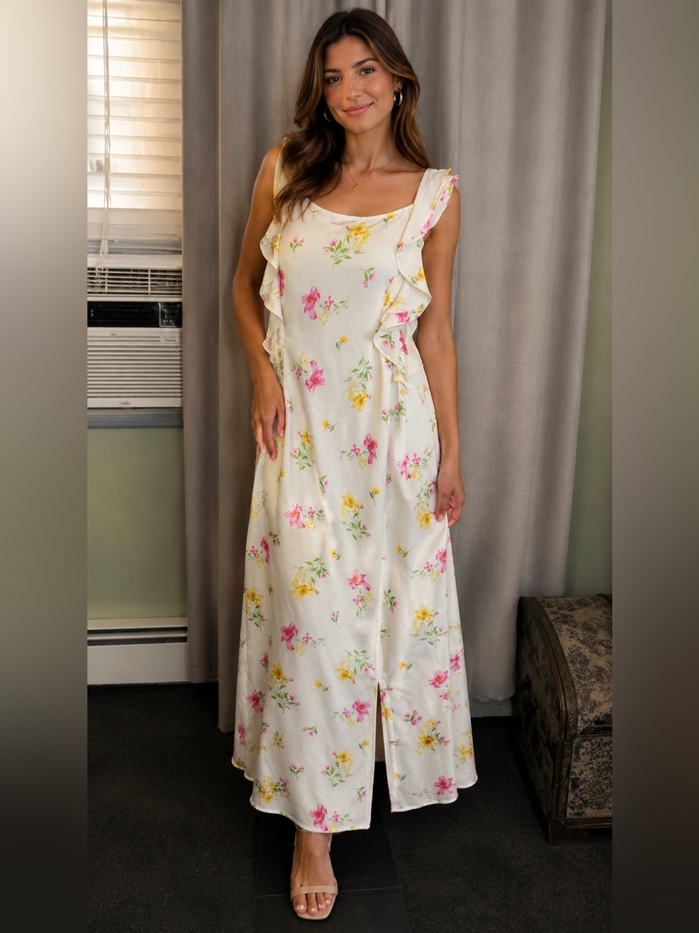 a new day Ivory Floral Ruffle Sleeve Dress with Pink & Yellow Flowers